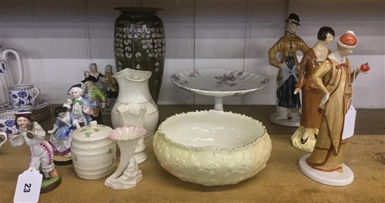 Worcester bowl, Beleek figurines and comport